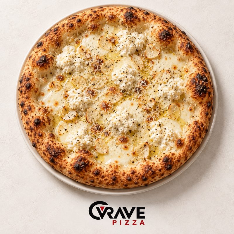 Bianca pizza with Fresh mozzarella, Ricotta, Garlic, Pecorino, Cracked black pepper, Extra virgin olive oil