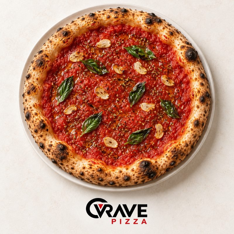 Marinara pizza with San Marzano tomato, Garlic, Oregano, Extra virgin olive oil, Fresh basil
