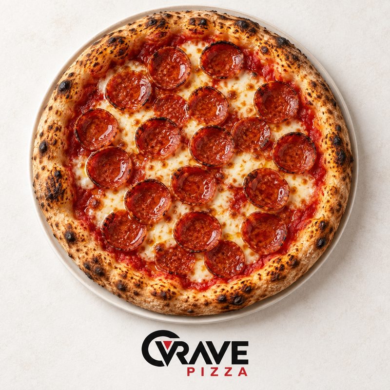 Pepperoni pizza with San Marzano tomato, Fresh mozzarella, Pepperoni, Extra virgin olive oil