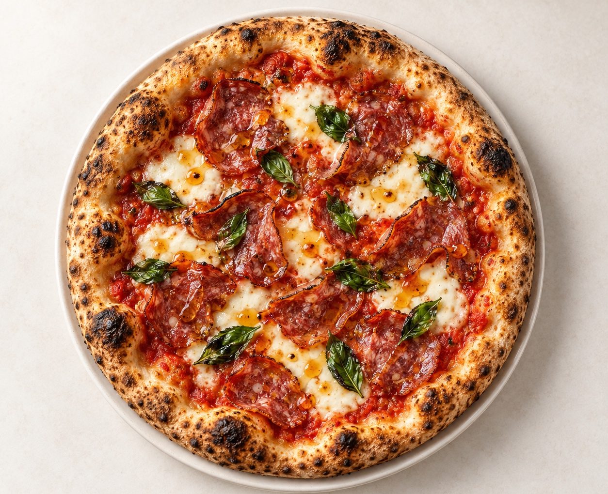 The Crave pizza with San Marzano tomato, fresh mozzarella, soppressata, hot honey and fresh basil, seen from above