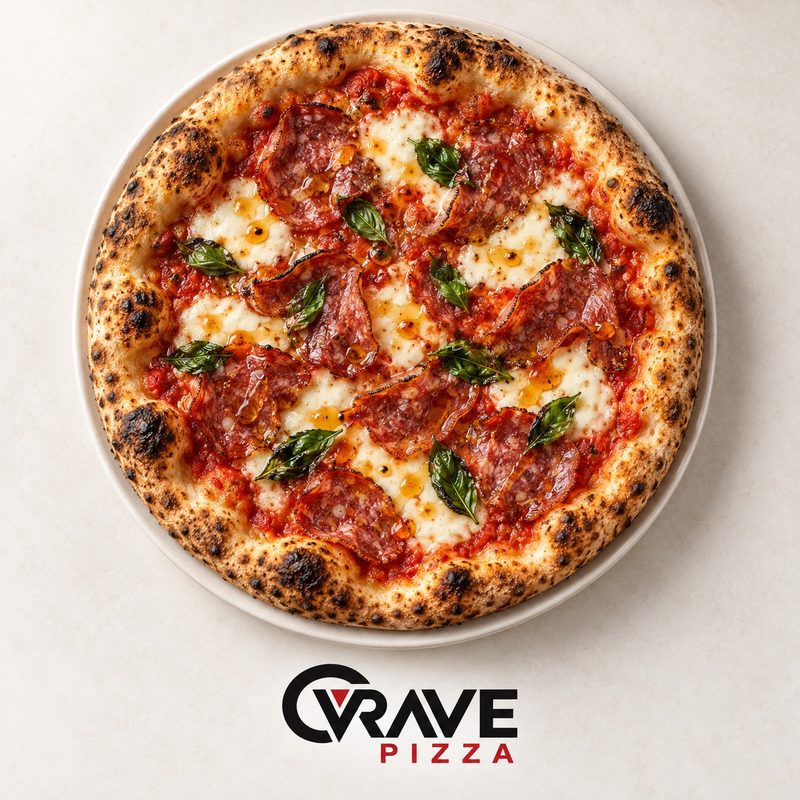 The Crave pizza with San Marzano tomato, Fresh mozzarella, Soppressata, Hot honey, Fresh basil