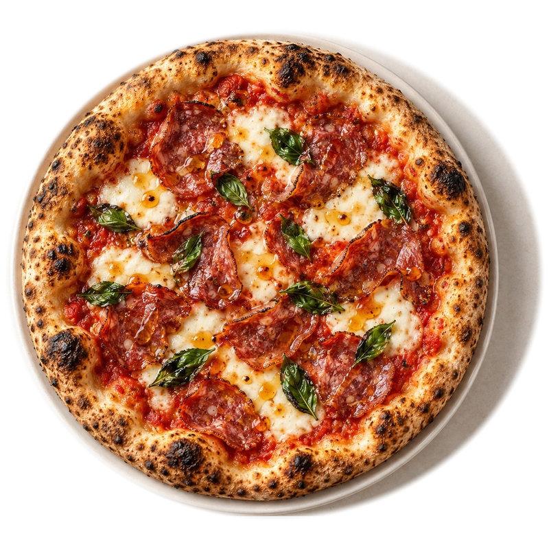 The Crave pizza with San Marzano tomato, fresh mozzarella, soppressata, hot honey and fresh basil, seen from above